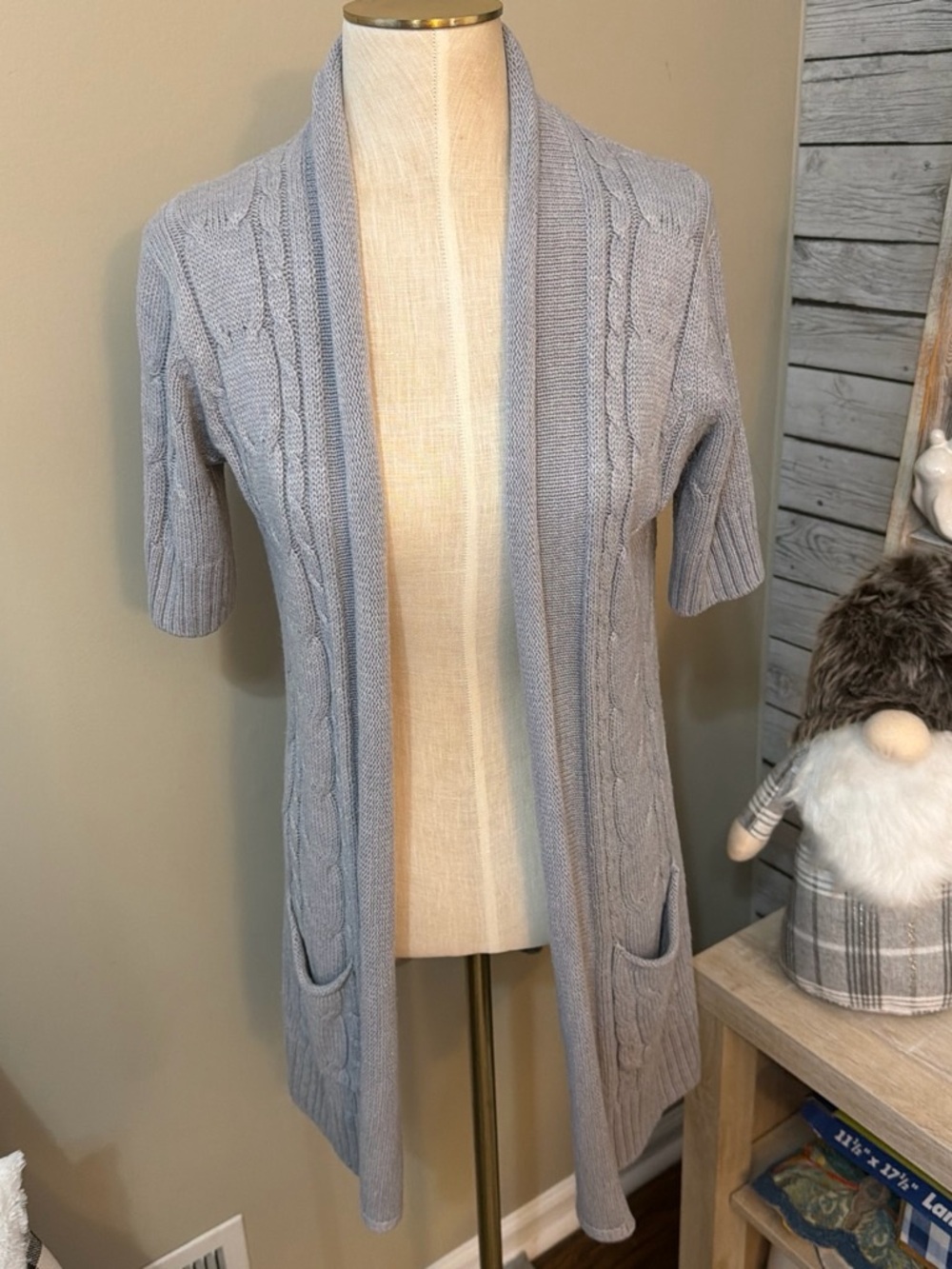 Light Gray Open-Front Cable Knit Short-Sleeve Sweater